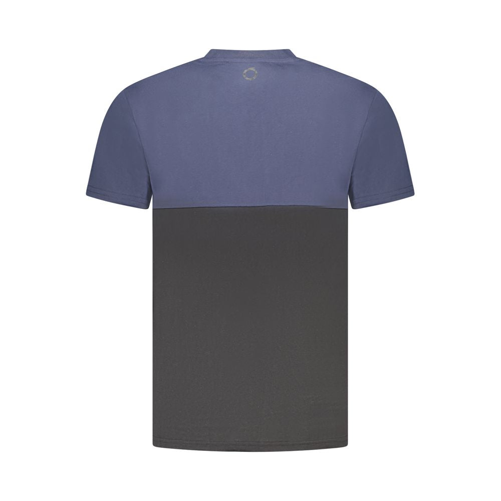 Back view of Trussardi Blue Cotton Men T-Shirt with two-tone crew neck and bold contrasting design.