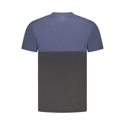Back view of Trussardi Blue Cotton Men T-Shirt with two-tone crew neck and bold contrasting design.