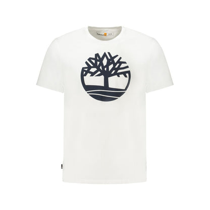 Timberland White Cotton Men T-Shirt featuring bold logo print, crafted from pure cotton for ultimate comfort and casual style.