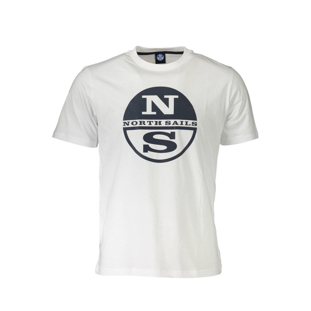 North Sails White Cotton Men T-Shirt with logo and standout print, showcasing modern high-sea style and quality craftsmanship.