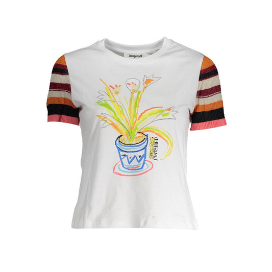Desigual White Cotton Women T-Shirt with vibrant print, striped sleeves, and logo, perfect for fashion-forward individuals.
