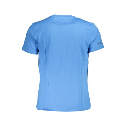 Back view of La Martina Blue Cotton Men T-Shirt featuring short sleeves and a crew neck, showcasing casual luxury and sophisticated style.