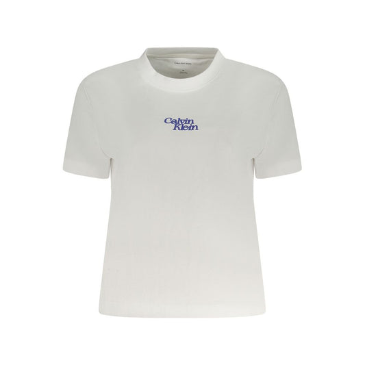 Calvin Klein White Cotton Women T-Shirt with crew neck and logo print, showcasing casual elegance and premium quality craftsmanship.