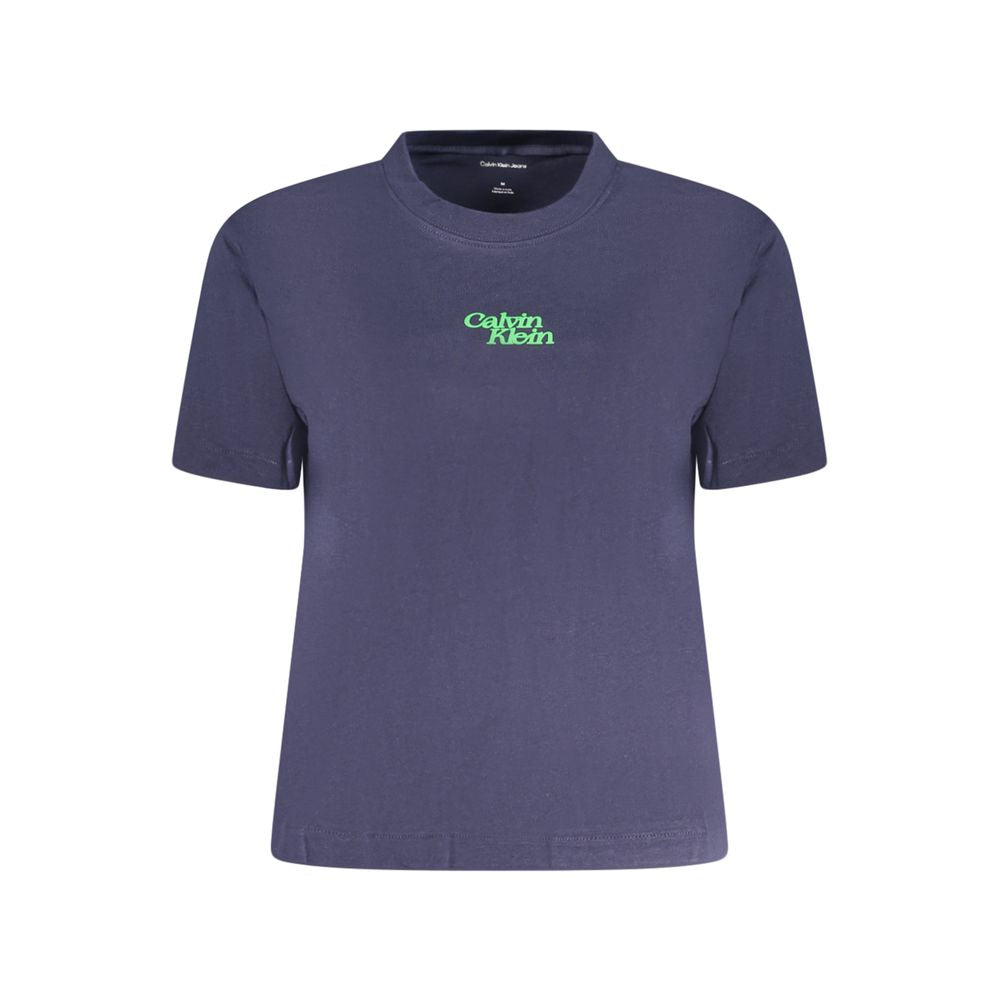 Calvin Klein Blue Cotton Women T-Shirt with logo, short sleeve crew neck, perfect for casual style and comfort.