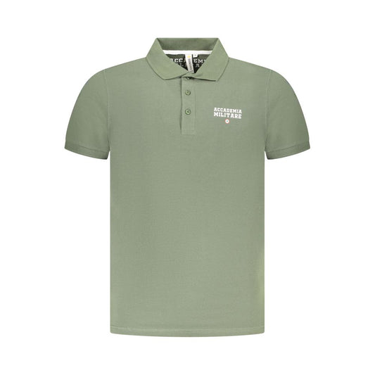 Accademia Militare Green Cotton Polo Shirt with short sleeves, 3 buttons, logo print on chest, and tricolore design.