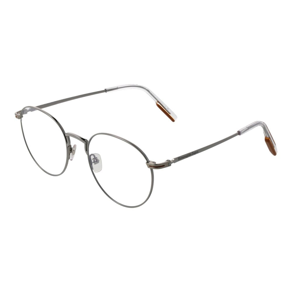 Ermenegildo Zegna Gray Men Glasses Frame in titanium, full-rim round design. Demo lenses, 51-20-145 size, without spring hinge.