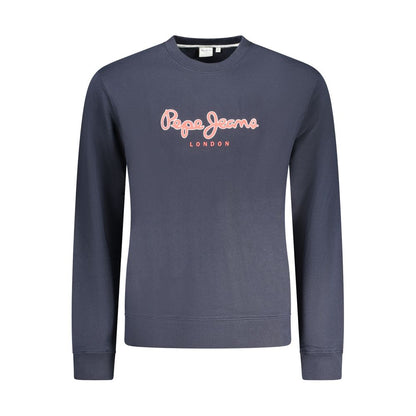 Pepe Jeans Blue Cotton Men Sweater with bold logo, long sleeves, crew neck, brushed finish for casual sophistication and comfort.