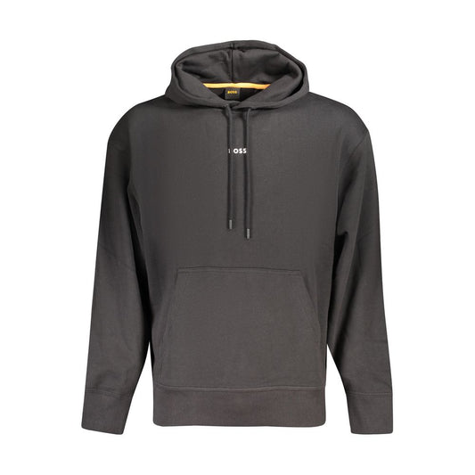Hugo Boss Black Cotton Men Sweater with hood and central pocket, showcasing luxury and style in sleek black for cooler days.