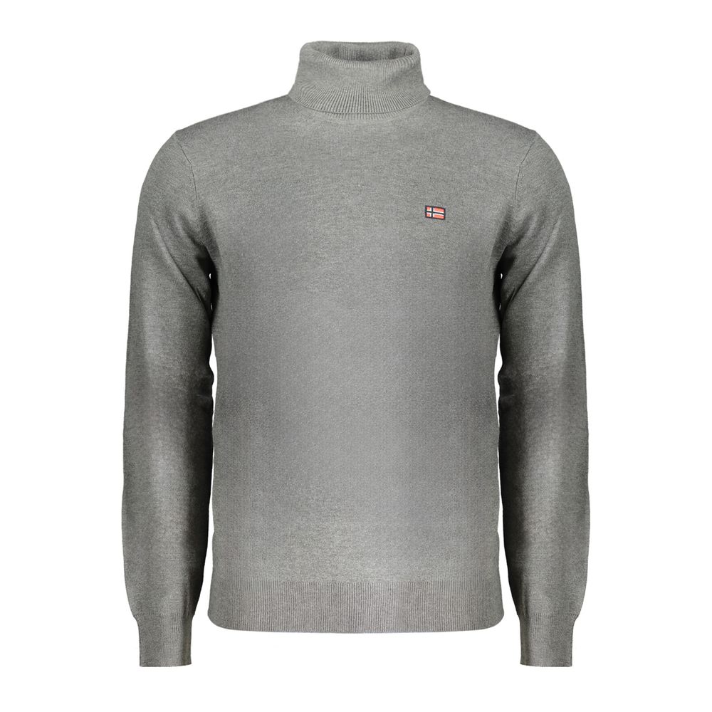 Norway 1963 Gray Polyester Sweater with turtleneck, long sleeves, embroidery, and logo. Ideal for stylish, warm comfort.
