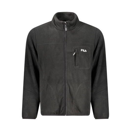 Fila Black Polyester Men Jacket with embroidered logo, fleece material, snug fit, long sleeves, and three practical pockets for versatility.