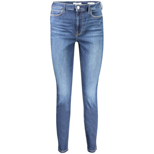 Guess Jeans Blue Cotton Women Jeans with high-rise waist, five-pocket design, made from recycled cotton and spandex for comfort.