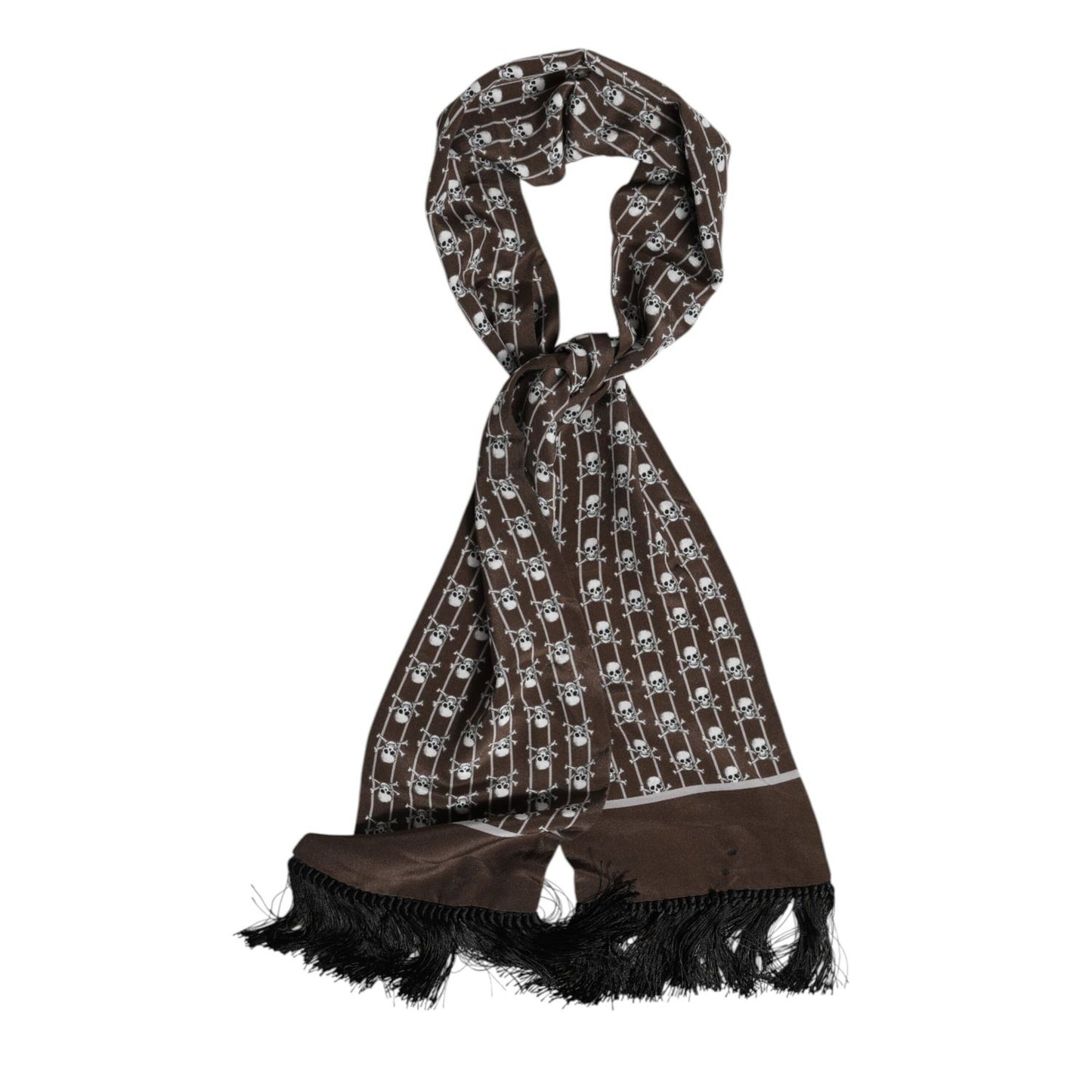 Dolce & Gabbana Brown Skulls Print Fringes Men Foulard Scarf