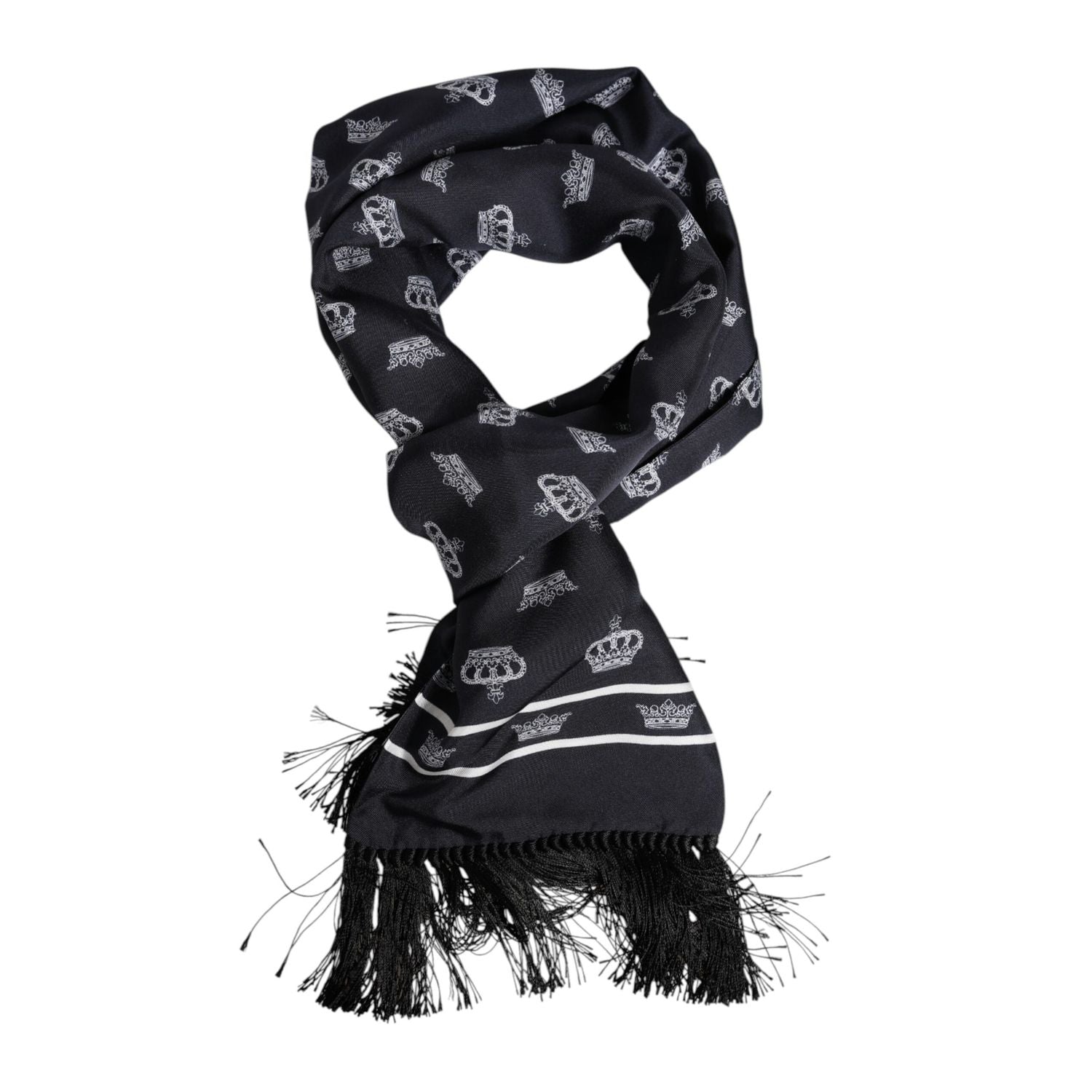 Dolce & Gabbana Black Silk Crown Fringes Men Foulard Scarf
