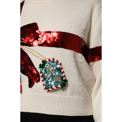 Dolce & Gabbana White Sequined Crew Neck Pullover Sweater
