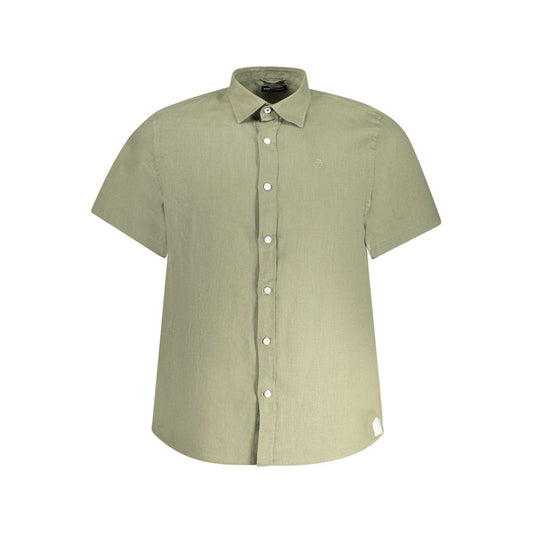 North Sails Green Linen Shirt with short sleeves, Italian collar, buttons, and logo embroidery, ocean positive design.