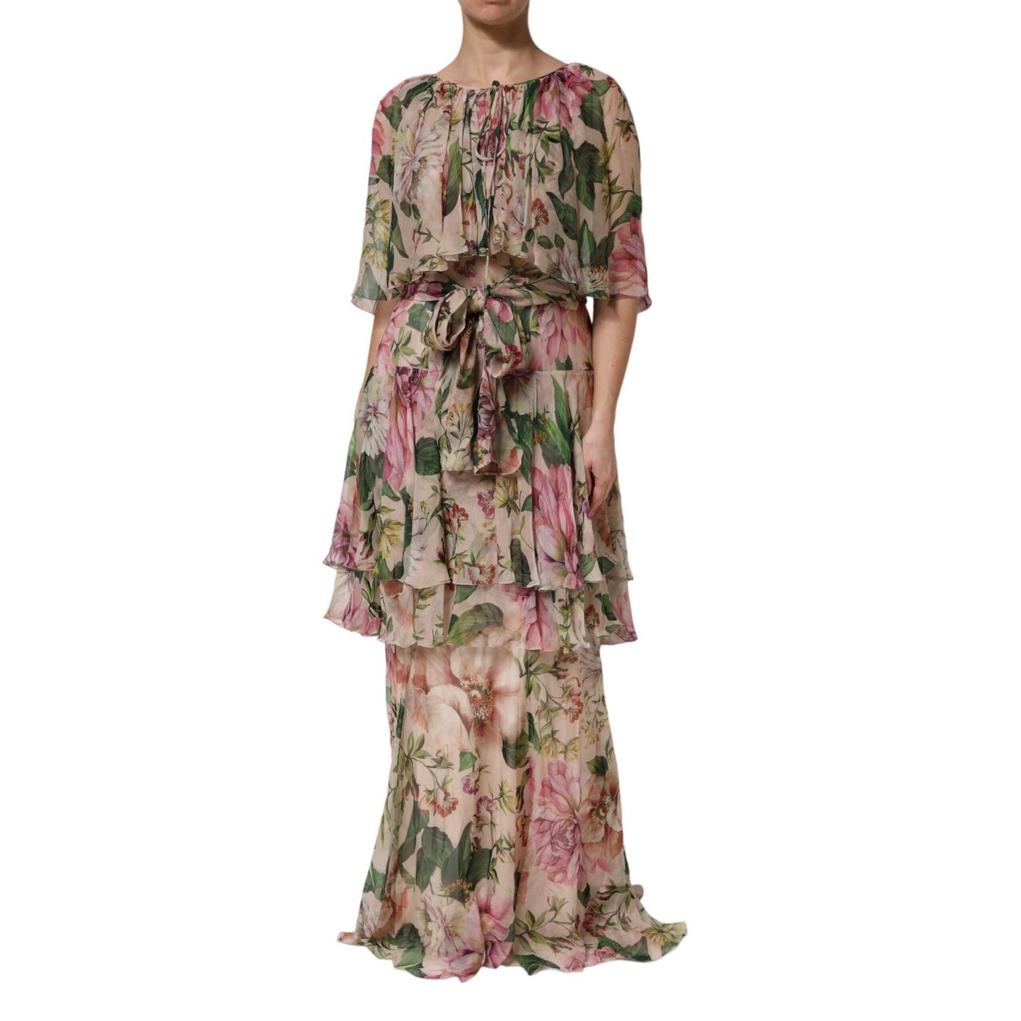 Dolce & Gabbana Pink Floral Print Tiered Long Maxi Dress