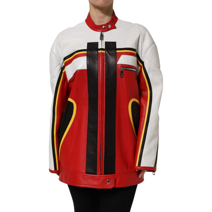 Dolce & Gabbana Multicolor Leather Biker Full Zip Coat Jacket