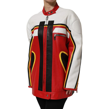 Dolce & Gabbana Multicolor Leather Biker Full Zip Coat Jacket