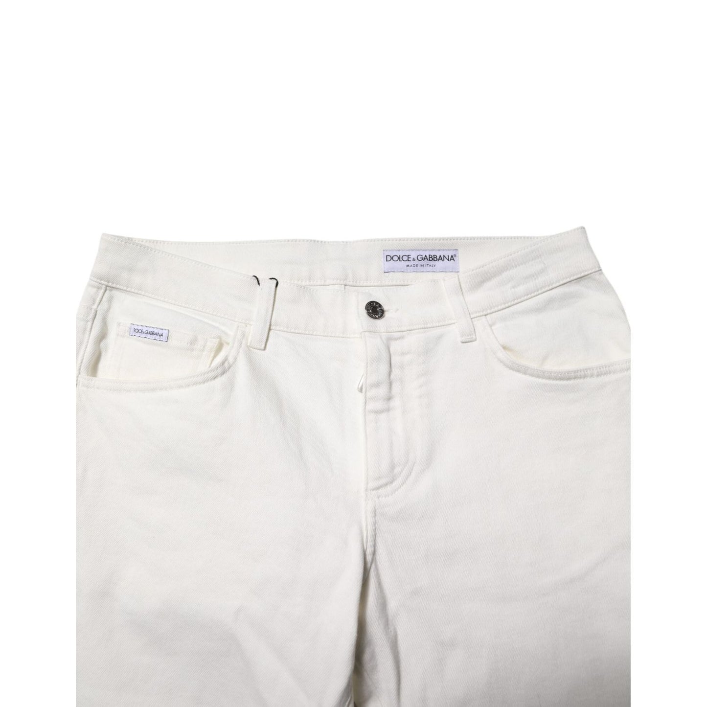 Dolce & Gabbana White Cotton Logo Plaque Slim Fit Denim Jeans