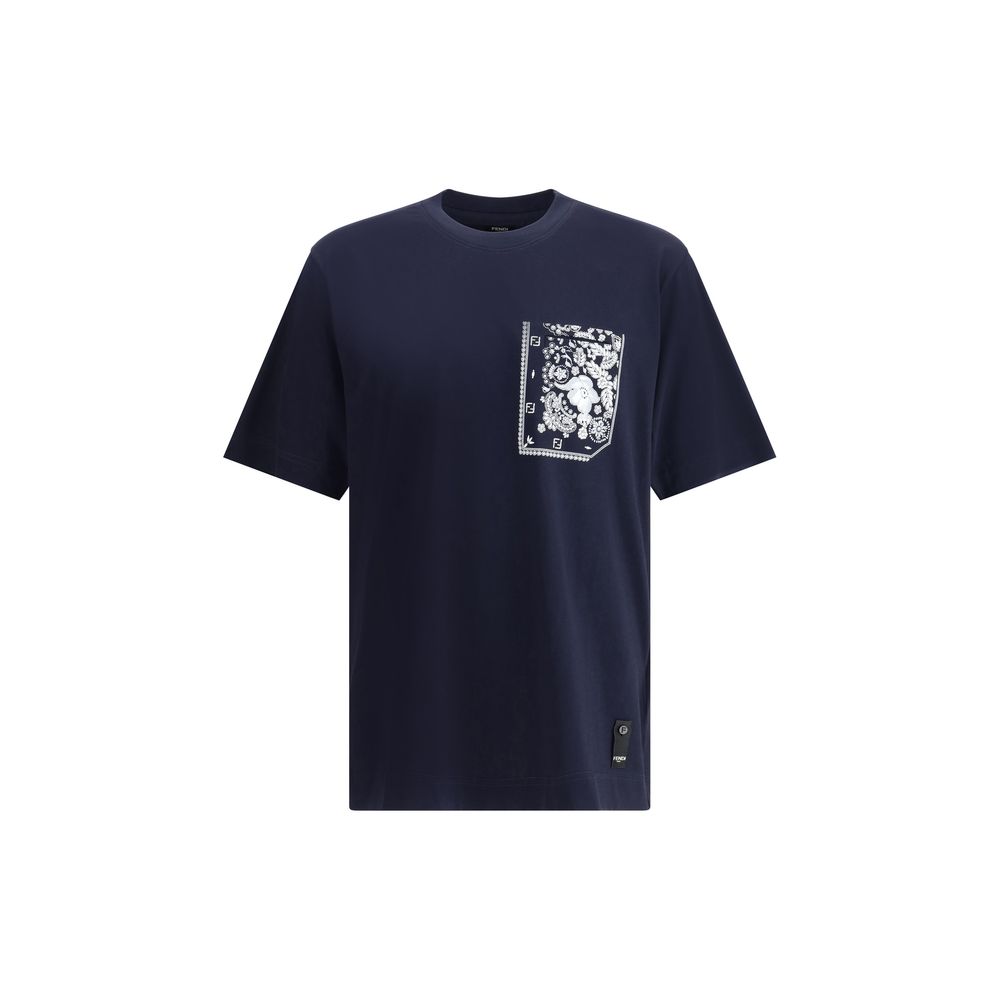 Fendi Blue Cotton T-Shirt with bandana print pocket and monogram patch, AW25 collection
