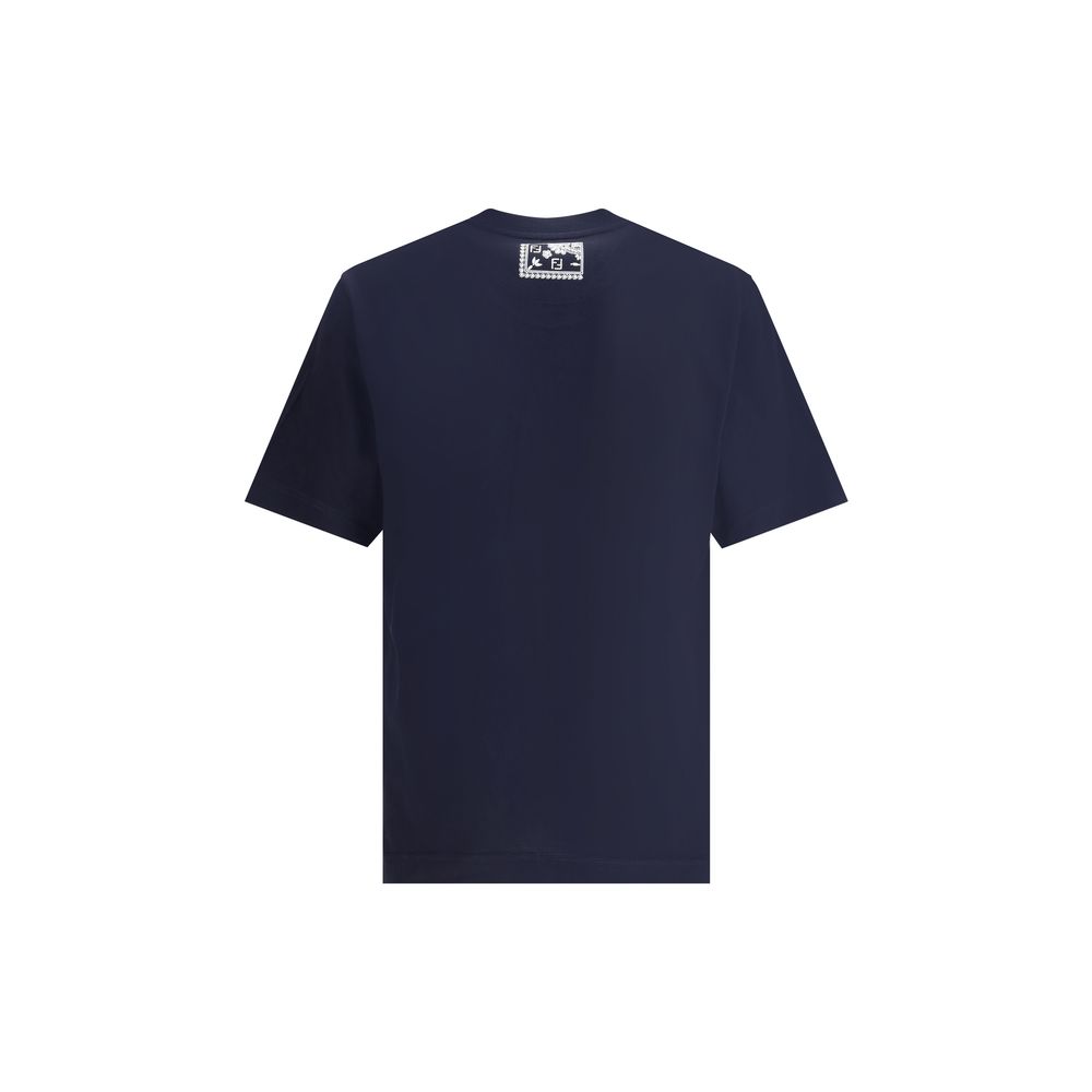 Back view of Fendi Blue Cotton T-Shirt featuring monogram patch, designed with bandana print slit pocket for a contemporary touch.
