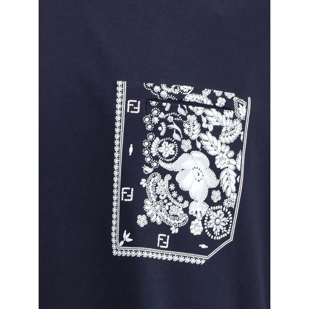 Fendi Blue Cotton T-Shirt with bandana print pocket and monogram patch for a graphic touch in AW25 collection.