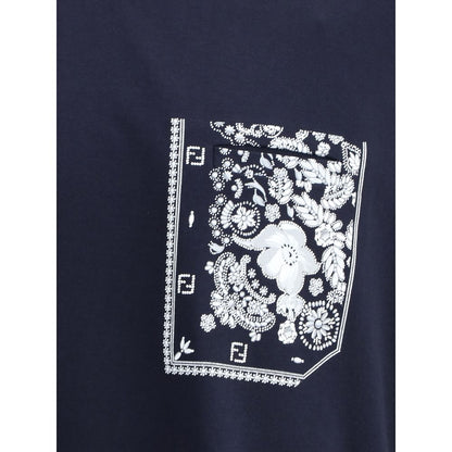 Fendi Blue Cotton T-Shirt with bandana print pocket and monogram patch for a graphic touch in AW25 collection.