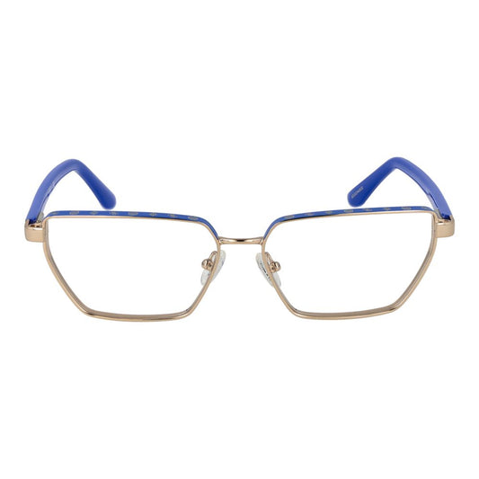 Guess Gold Women Glasses Frame in geometric design with full-rim gold metal frame and blue highlights, includes branded case.