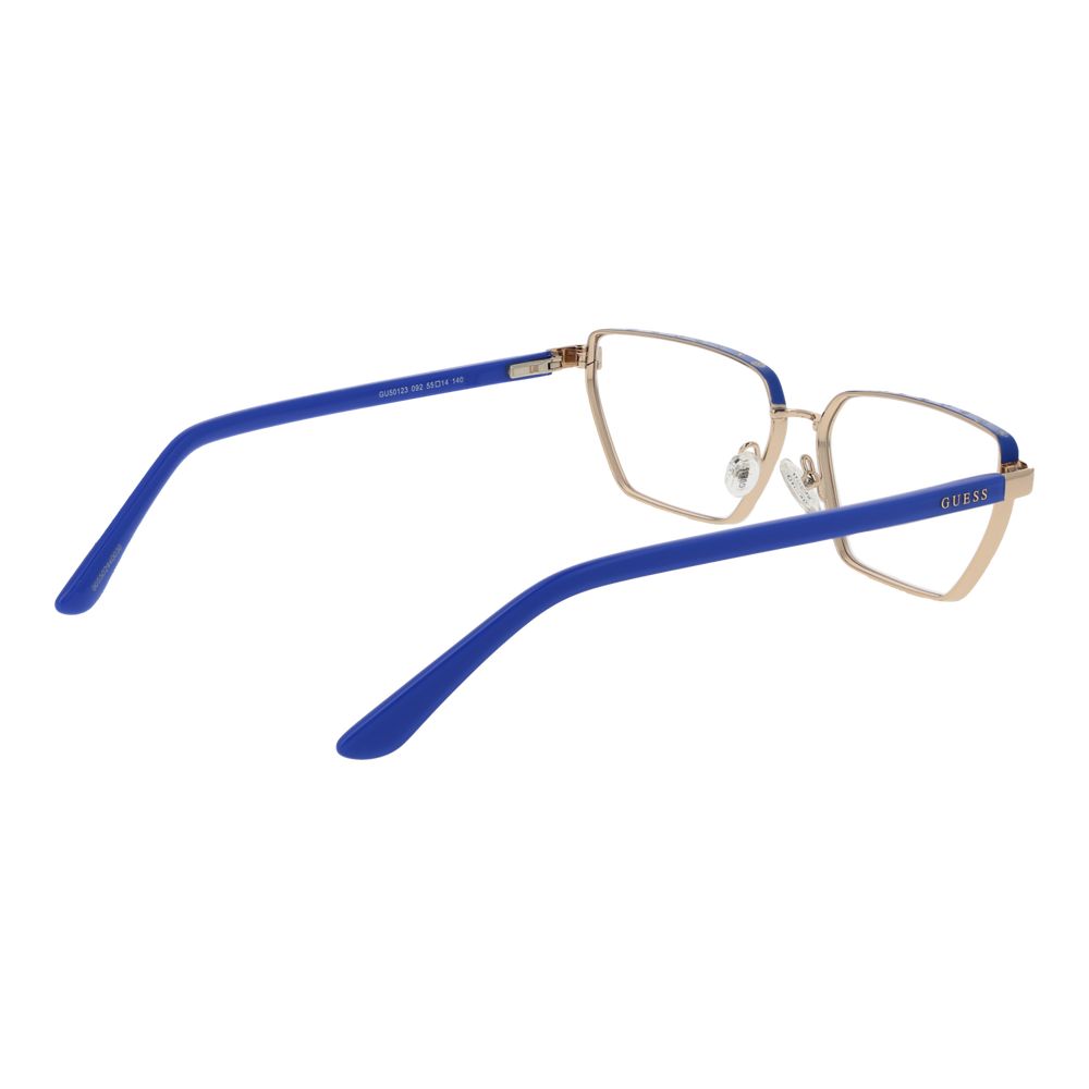 Guess Gold Women Glasses Frame, full-rim gold metal frame with blue temples, geometric style. Comes with branded case.