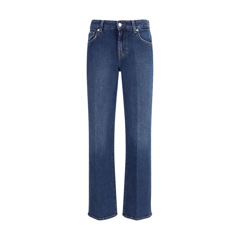 7FOR Blue Cotton Straight-Leg Jeans with essential zip-button closure and versatile five-pocket design for casual or refined looks.