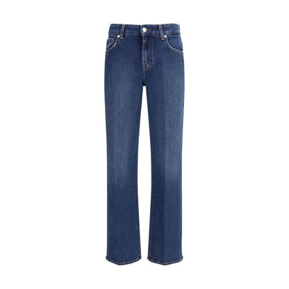 7FOR Blue Cotton Straight-Leg Jeans with essential zip-button closure and versatile five-pocket design for casual or refined looks.