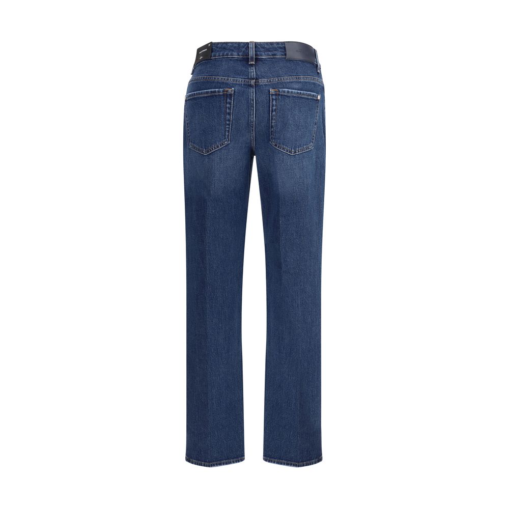 Back view of 7FOR Blue Cotton Straight-Leg Jeans with five-pocket design and belt loops in blue color.