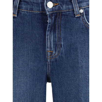 Close-up view of 7FOR Blue Cotton Straight-Leg Jeans, showcasing the front zip-and-button closure and classic five-pocket design.
