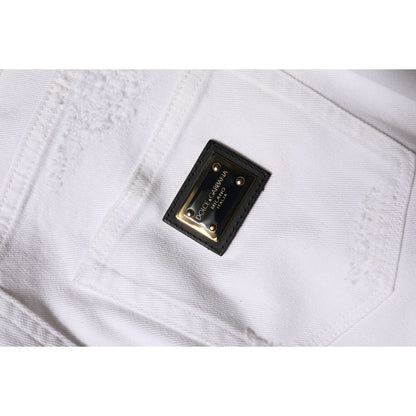 Dolce & Gabbana White Tattered Cotton High Waist Denim Jeans