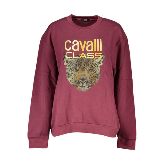 Cavalli Class Purple Cotton Women Sweater with bold logo and leopard print, Italian style, crew neck, long sleeves, elegant and contemporary.