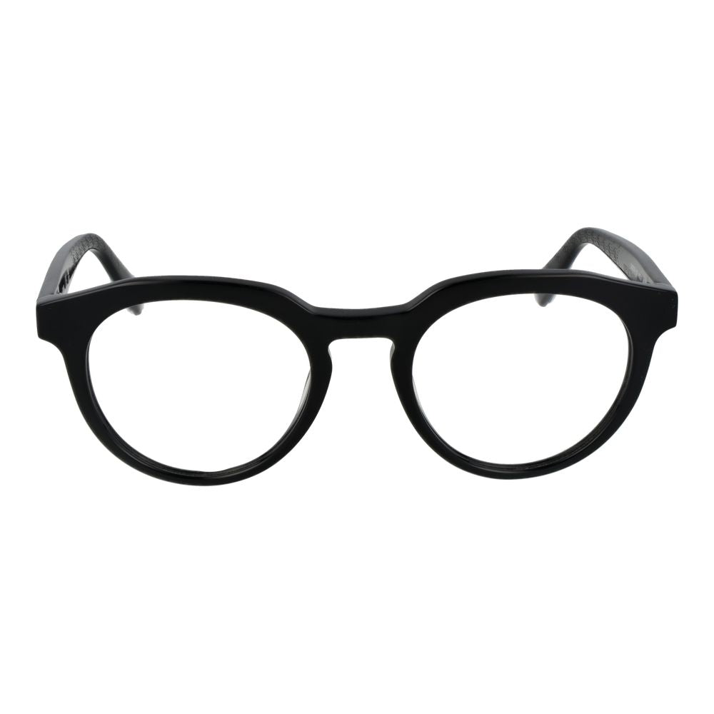 Guess Black Men Glasses Frame in acetate with full-rim round style, demo lenses, spring hinge, size 49-20-145.