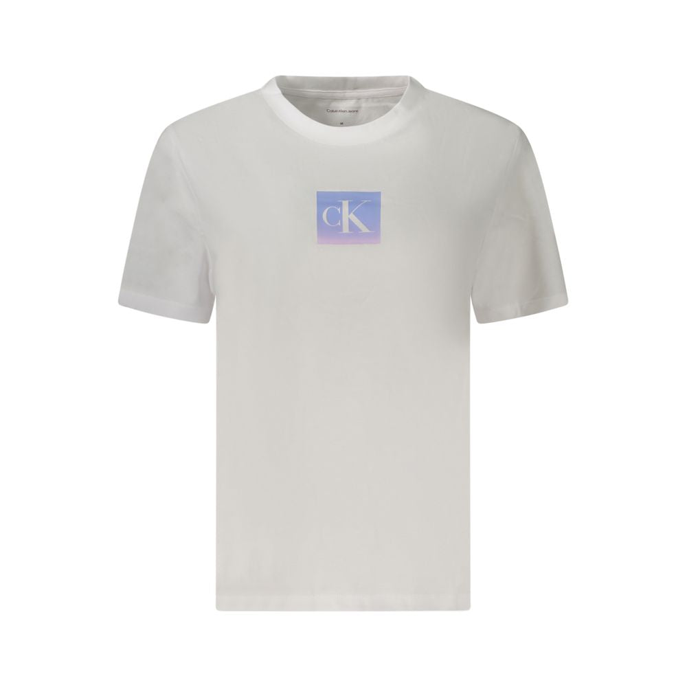 Calvin Klein White Cotton Women T-Shirt with short sleeves and iconic logo print on front, classic crew neck.