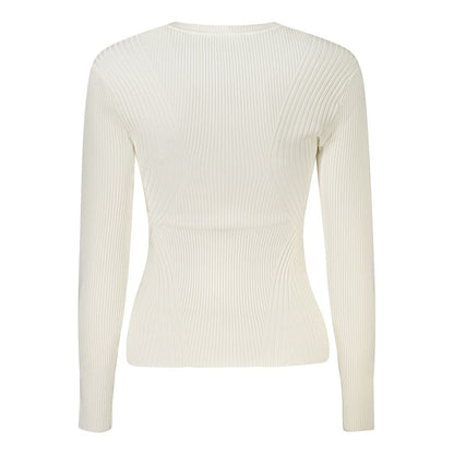 Back view of Guess Jeans White Viscose Sweater, long-sleeved crew neck with textured design, highlighting modern casual style.