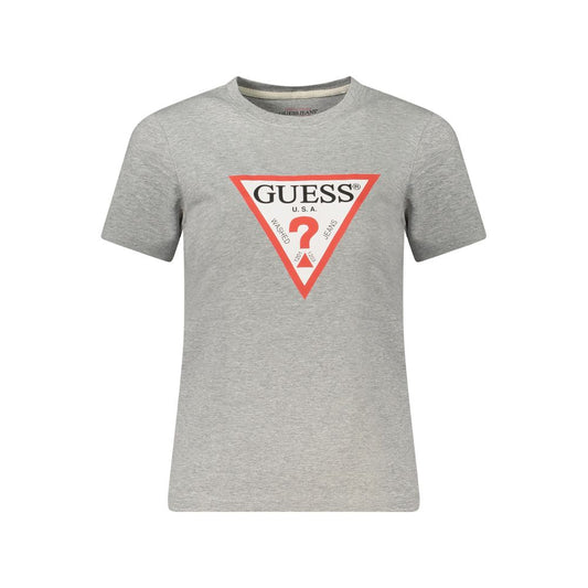 Guess Jeans Gray Cotton Women T-Shirt with red triangle logo, short sleeves, and crew neck.
