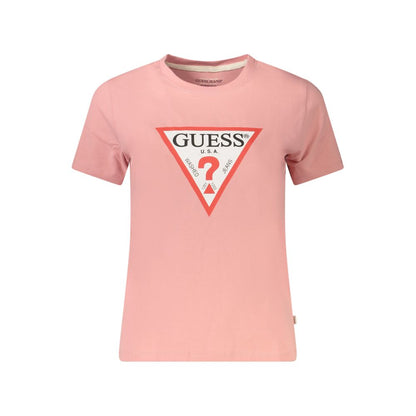 Guess Jeans Pink Cotton Women T-Shirt with iconic logo, short-sleeve crew-neck design, slim fit, eco-friendly material from Bangladesh.