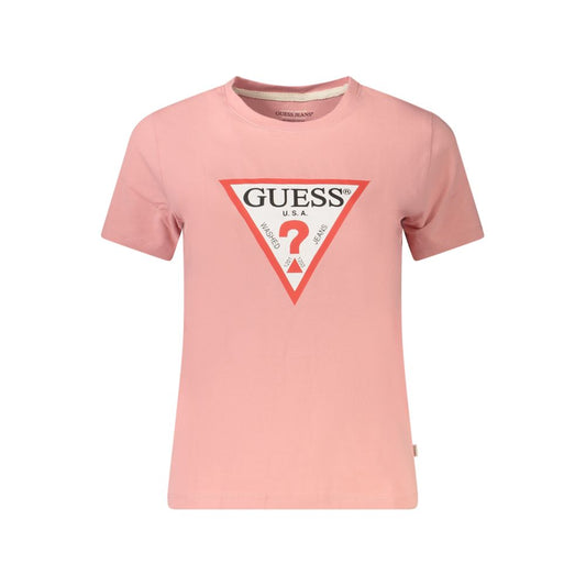 Guess Jeans Pink Cotton Women T-Shirt with iconic logo, short-sleeve crew-neck design, slim fit, eco-friendly material from Bangladesh.