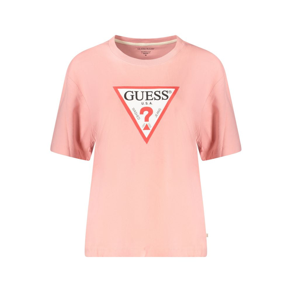 Guess Jeans Pink Cotton Women T-Shirt with iconic logo, trendy oversized design, perfect for bold fashion-forward style.