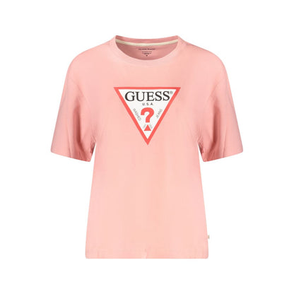 Guess Jeans Pink Cotton Women T-Shirt with iconic logo, trendy oversized design, perfect for bold fashion-forward style.