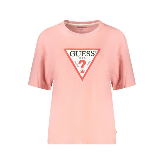 Guess Jeans Pink Cotton Women T-Shirt with iconic logo, trendy oversized design, perfect for bold fashion-forward style.