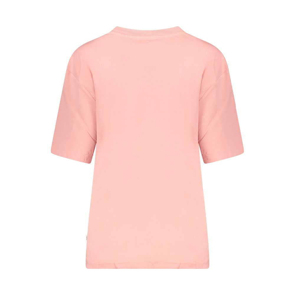Back view of Guess Jeans Pink Cotton Women T-Shirt, featuring an oversized fit and made from organic cotton for comfort and style.