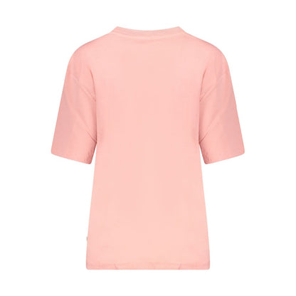 Back view of Guess Jeans Pink Cotton Women T-Shirt, featuring an oversized fit and made from organic cotton for comfort and style.