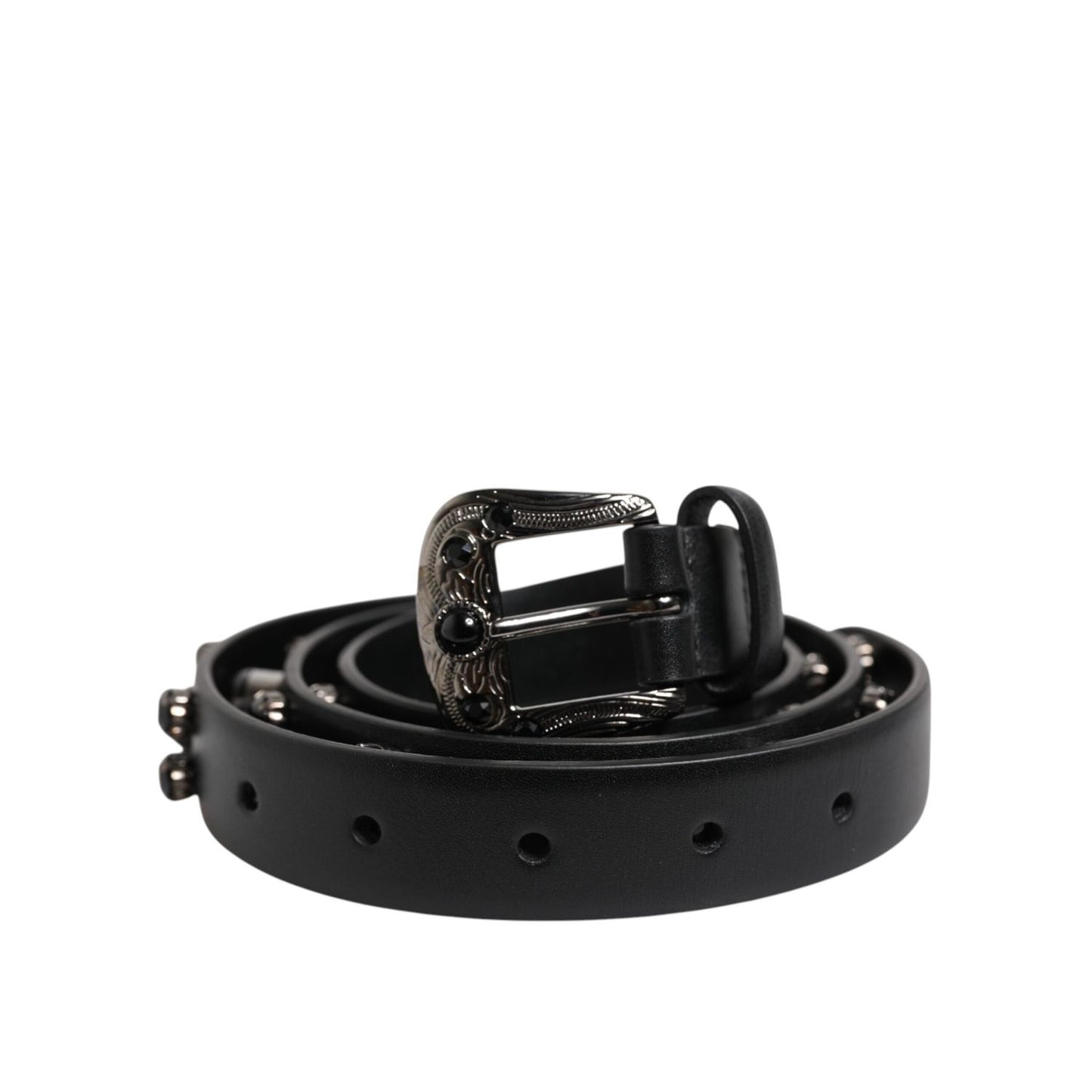 Dolce & Gabbana Black Studded Leather Metal Logo Buckle Belt