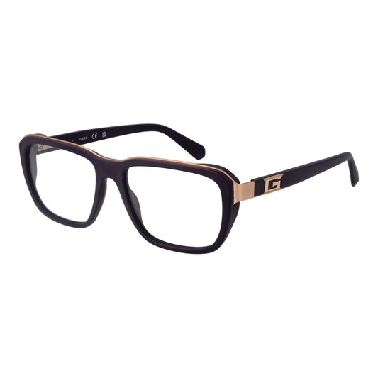 Guess Purple Men Glasses Frame, full-rim acetate style, rectangle design, spring hinge, 55-16-145 size, demo lenses, branded case included.