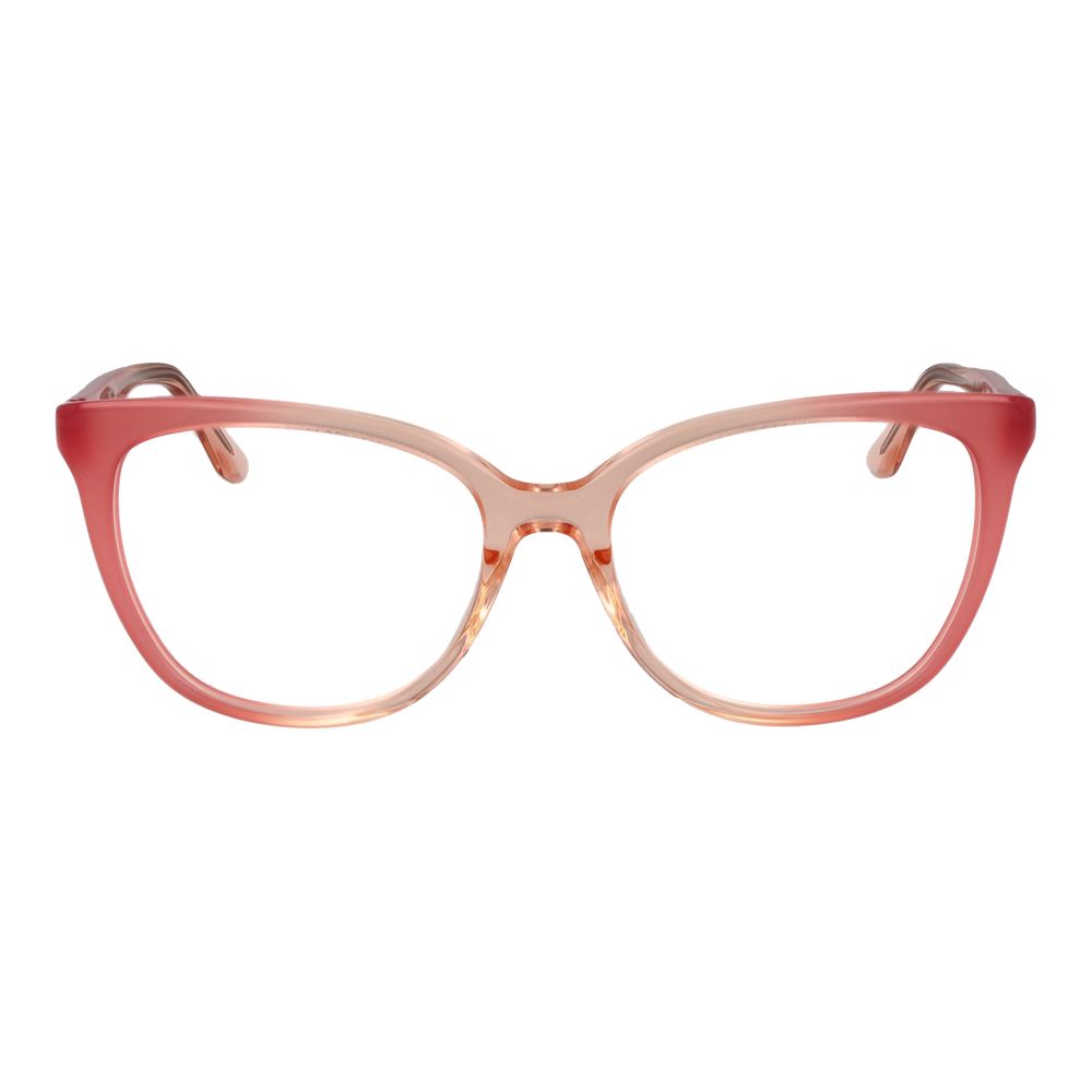 Guess Pink Women Glasses Frame in rose acetate with a full-rim butterfly style, demo lenses, and spring hinges, size 55-17-140.