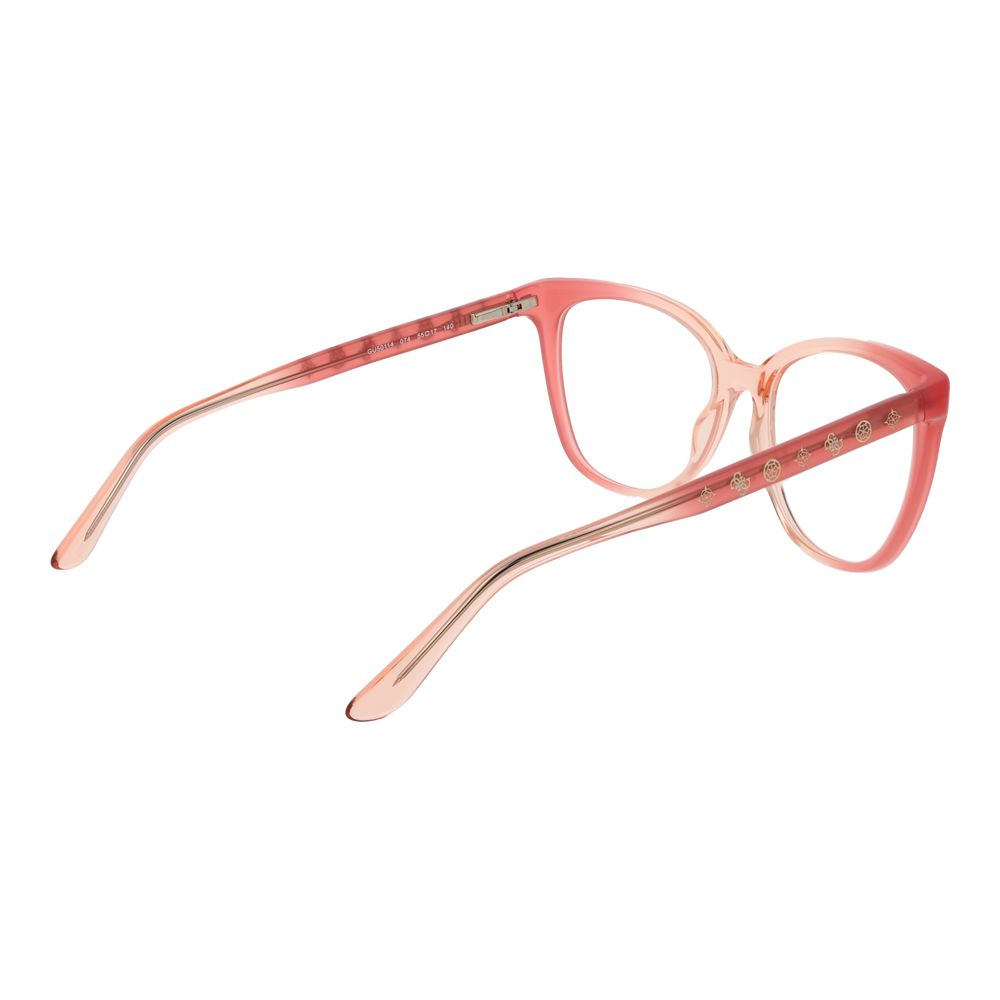 Guess Pink Women Glasses Frame in rose acetate with full-rim butterfly style and spring hinges.